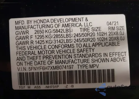 2021 Honda Pilot Black z USA, uszkodzony, nr VIN 5FNYF6H7XMB074197